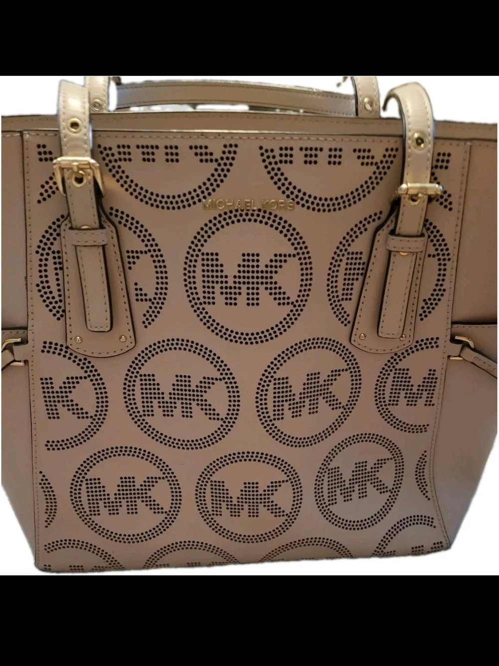 Michael Kors MK Logo Perforated Pink Blush Tote Shoulder Bag Gold Hardware